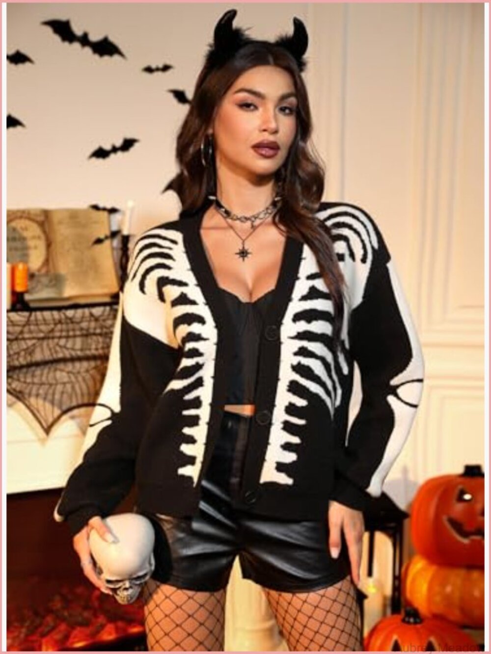 Cropped Skeleton Knit Cardigan Long Sleeve Button Down V Neck - Picture 5 of 7